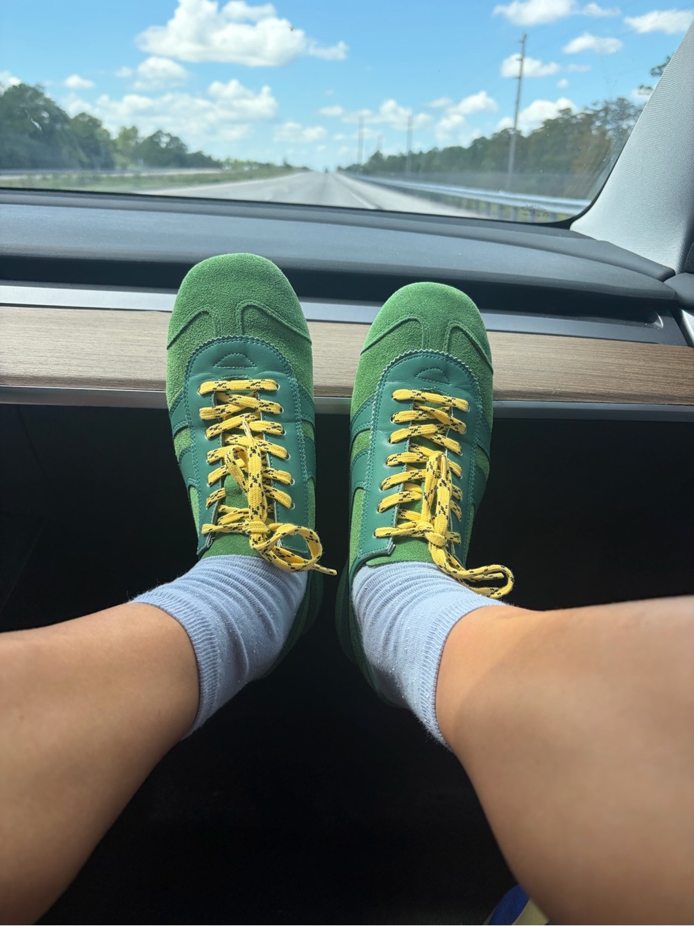 Green Suede Women's Sneakers with Yellow Laces